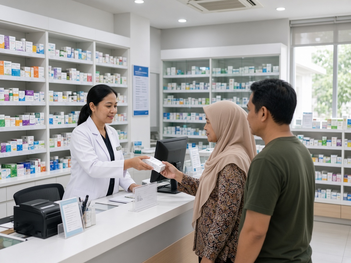 Apoteker melayani pelanggan di apotek yang ramai