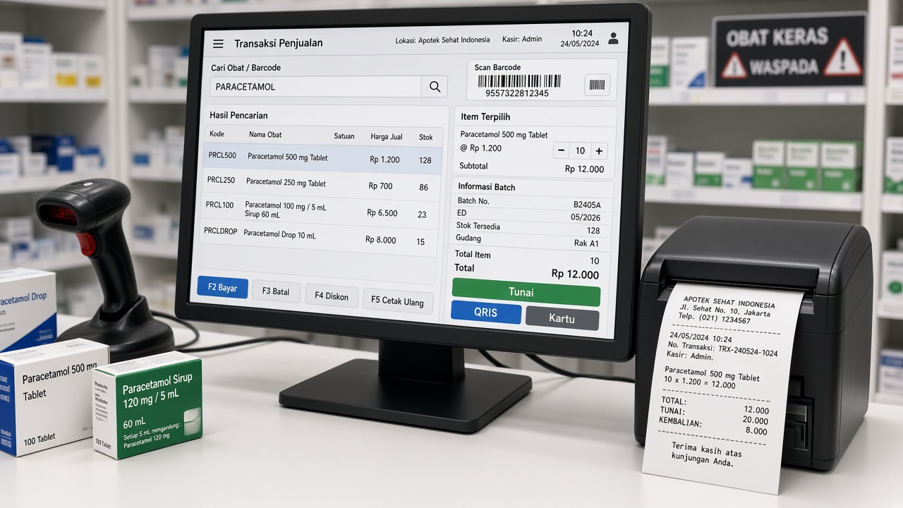 Layar kasir apotek dengan pencarian obat, barcode, pembayaran, dan struk thermal