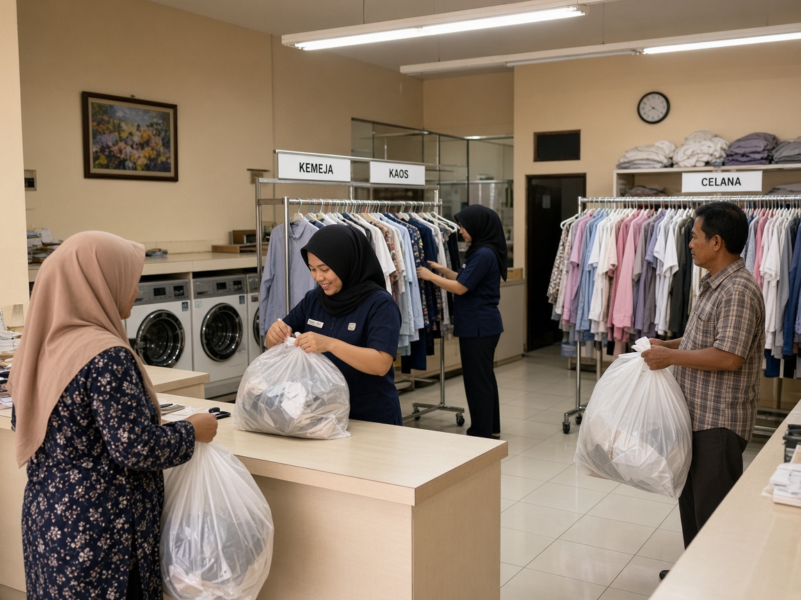 Petugas laundry menerima order pelanggan di konter yang ramai