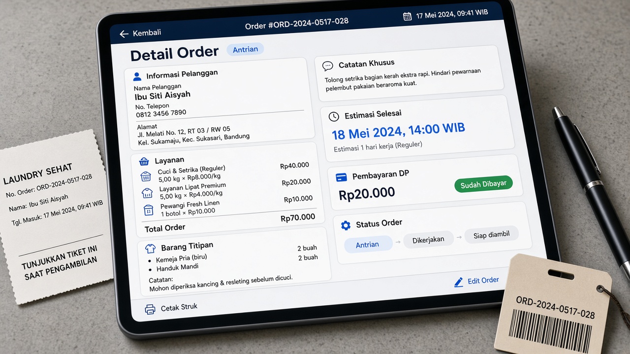 Layar order jasa dengan status pekerjaan, catatan titipan, dan estimasi selesai