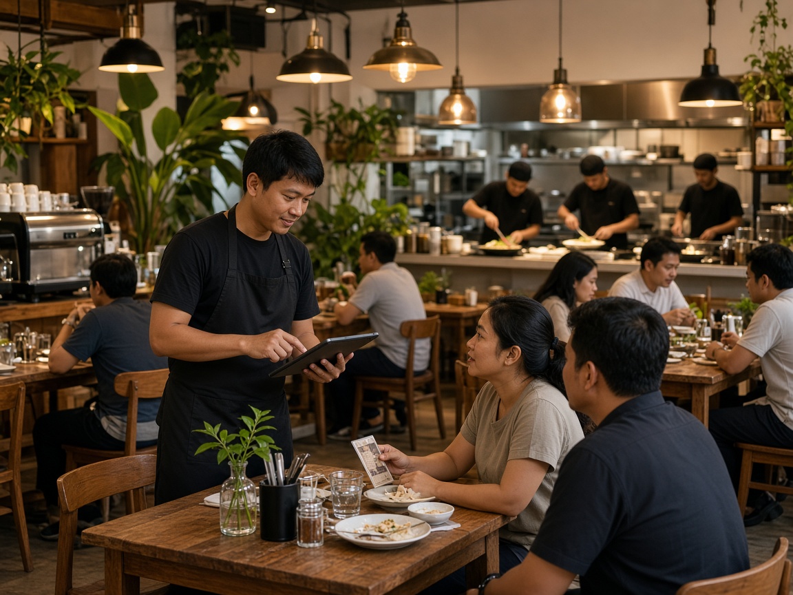 Pelayan restoran mencatat pesanan di tablet saat jam ramai