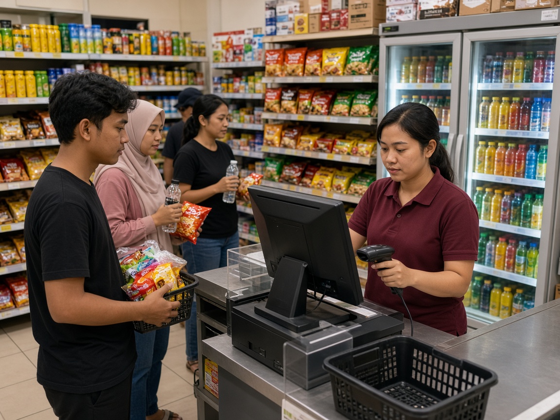 Kasir melayani antrian pembeli di minimarket yang ramai