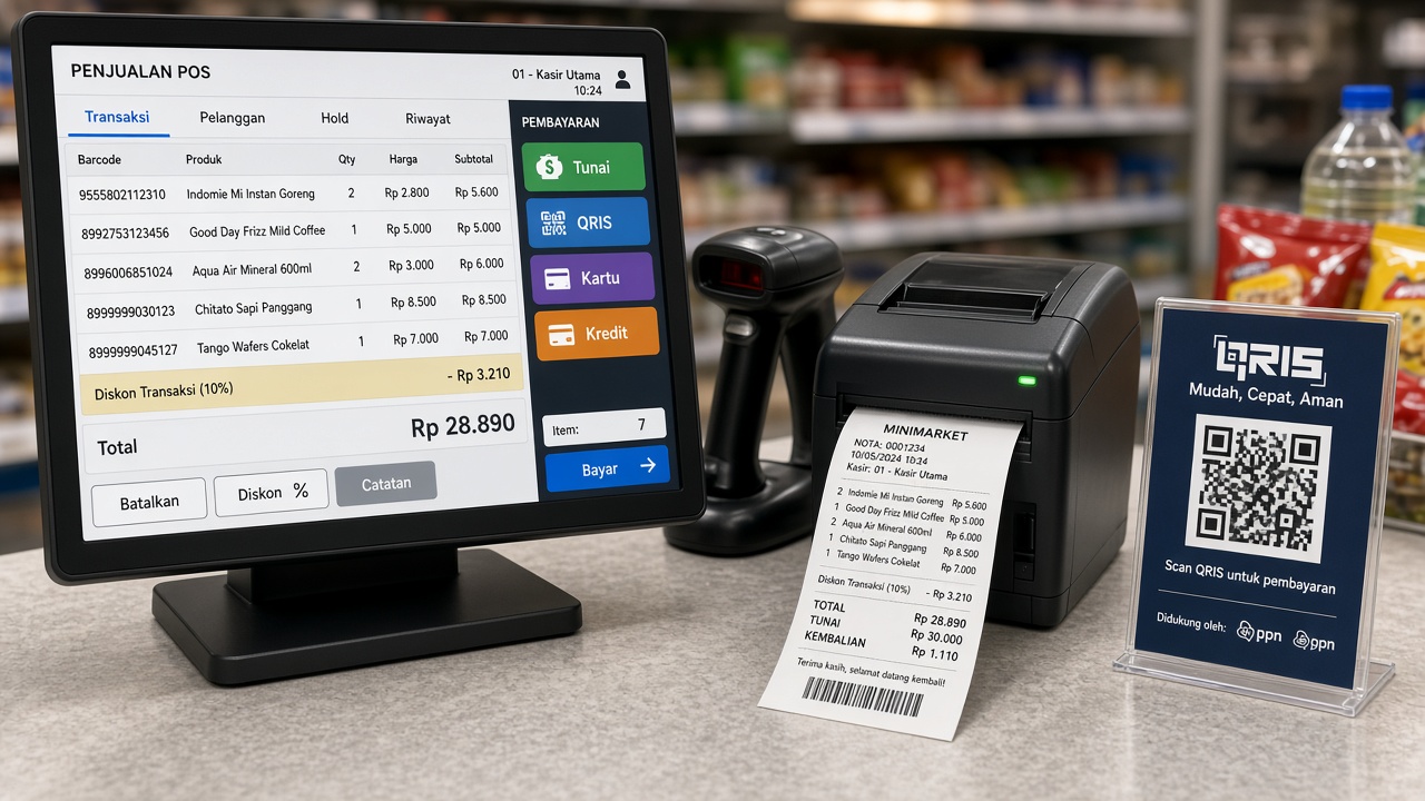 Layar kasir dengan barcode, diskon, pembayaran tunai, QRIS, kartu, kredit, dan struk thermal